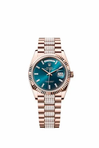 Rolex Day-Date 36 Everose Gold - Fluted / Blue-Green - Baguette / President - Diamond 128235-0086 (M128235-0086)